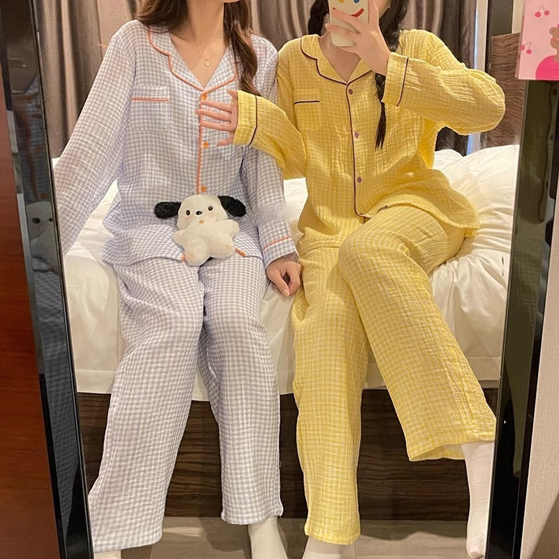 Ensemble de vêtements d'intérieur simple à manches longues et à carreaux jaunes pour couple