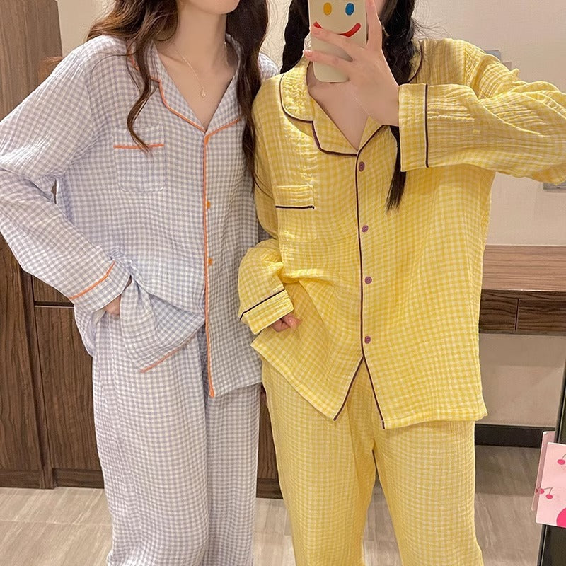 Ensemble de vêtements d'intérieur simple à manches longues et à carreaux jaunes pour couple