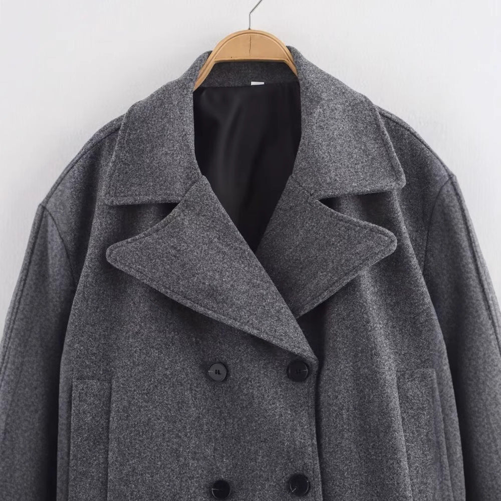 Veste de costume grise en laine pour femme, manteau court ample à double boutonnage