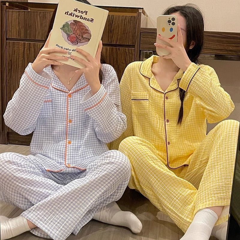Ensemble de vêtements d'intérieur simple à manches longues et à carreaux jaunes pour couple