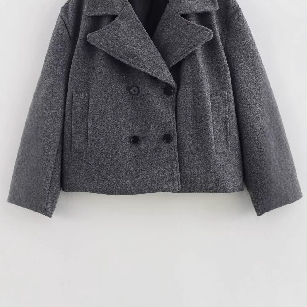 Veste de costume grise en laine pour femme, manteau court ample à double boutonnage