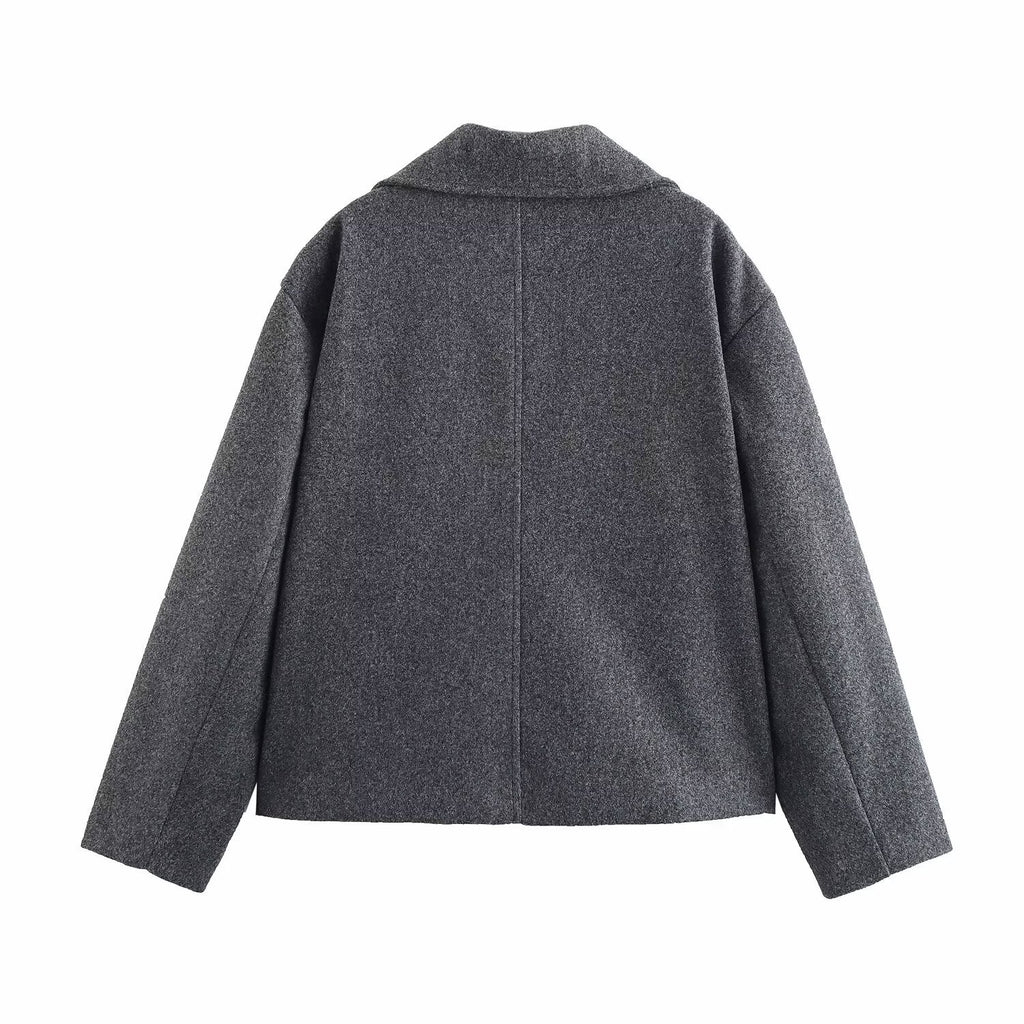 Veste de costume grise en laine pour femme, manteau court ample à double boutonnage
