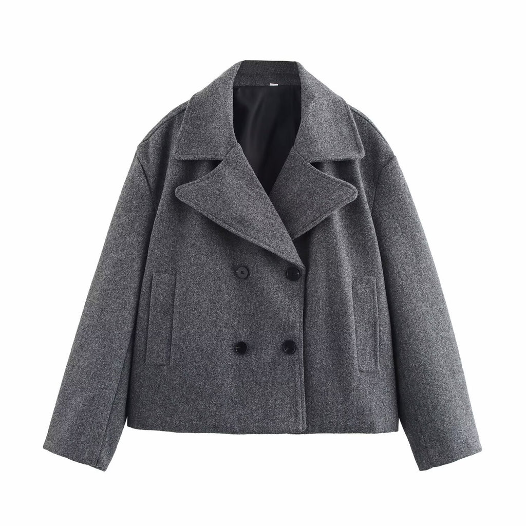 Veste de costume grise en laine pour femme, manteau court ample à double boutonnage